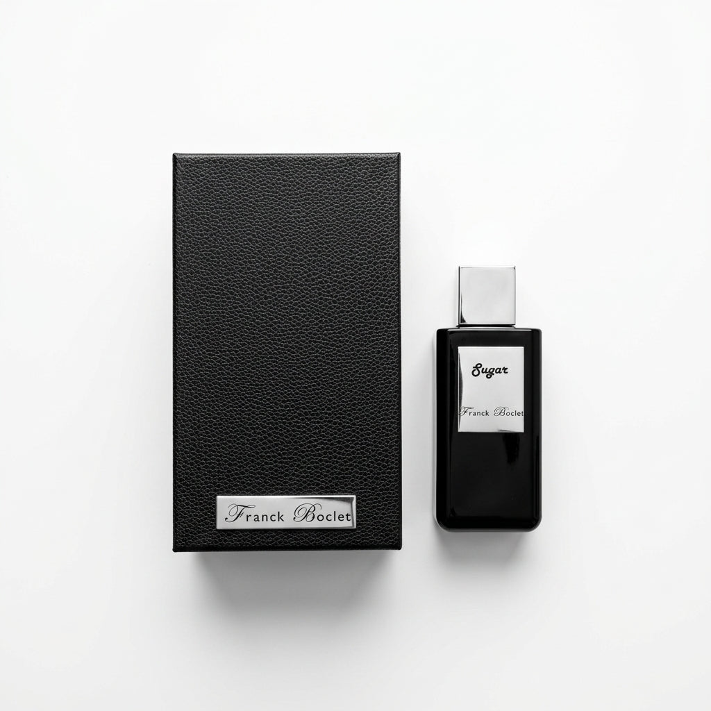 Perfume bottle and presentation box — Flat Lay - Front | Generated by Modelize