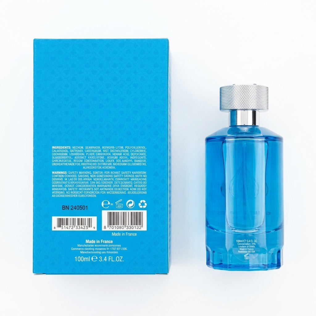 Perfume bottle and packaging box — Flat Lay - Back | Generated by Modelize