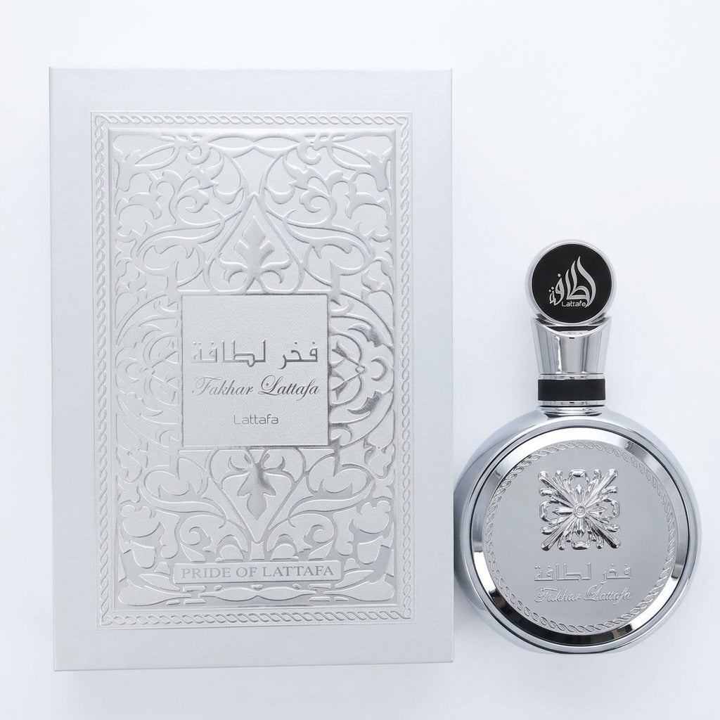 Luxury fragrance bottle and embossed packaging — Flat Lay - Back | Generated by Modelize