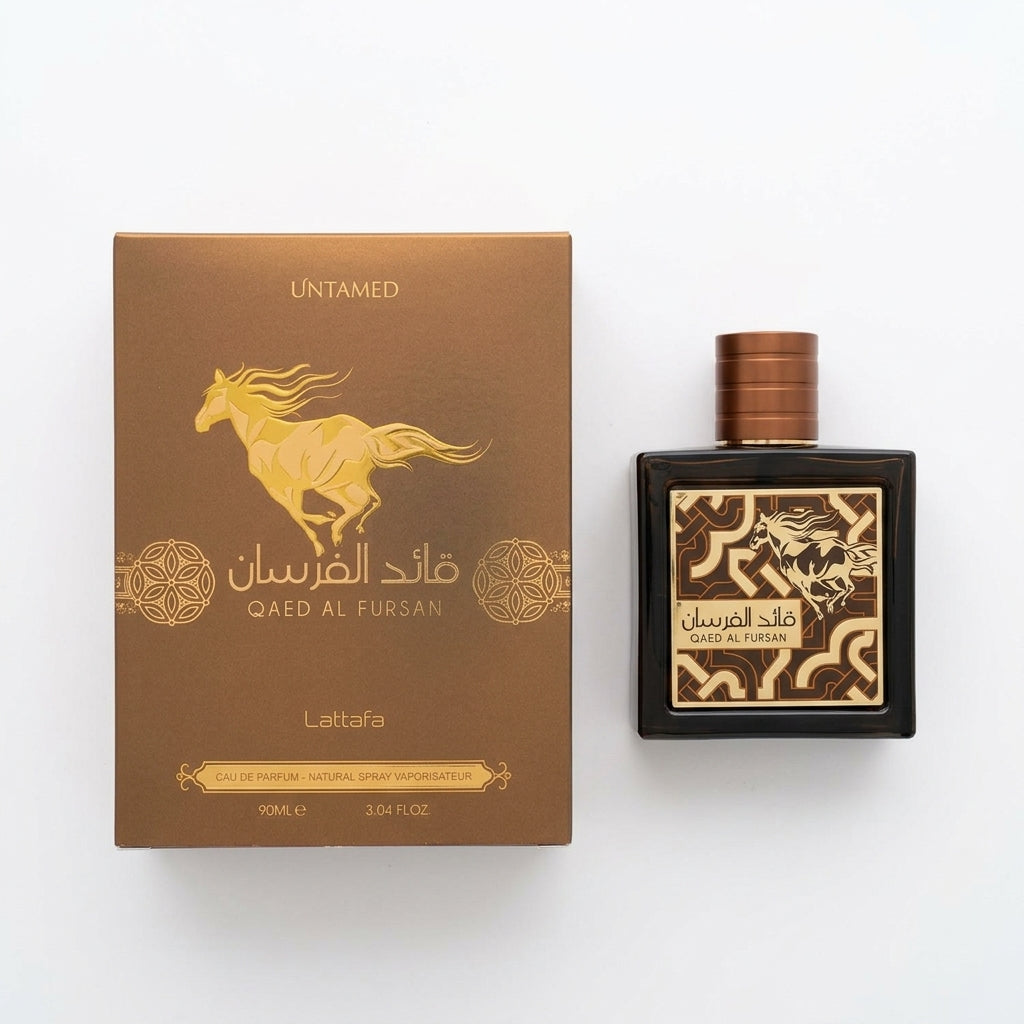 Perfume bottle and packaging box — Flat Lay - Front | Generated by Modelize