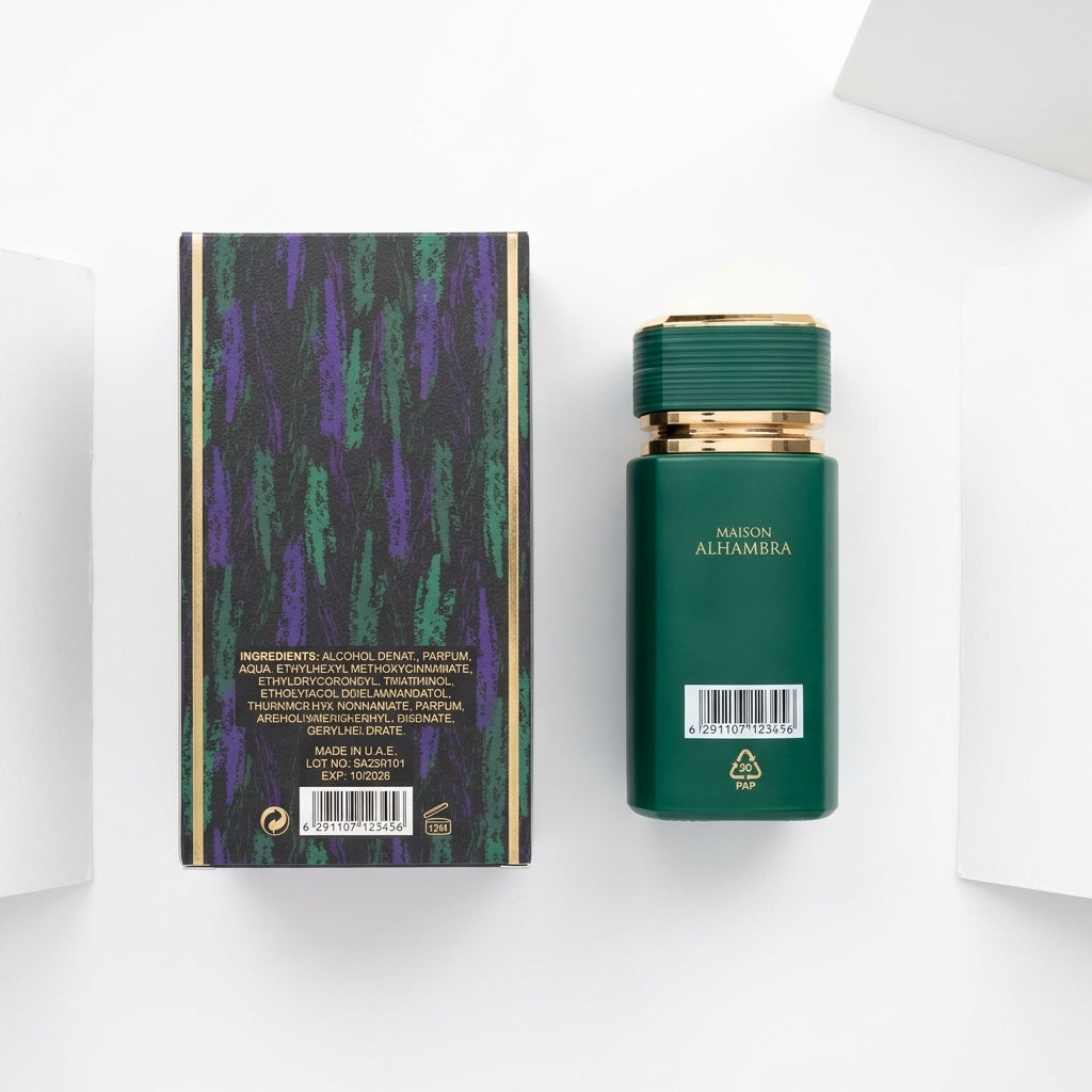 Fragrance bottle and packaging — Flat Lay - Back | Generated by Modelize