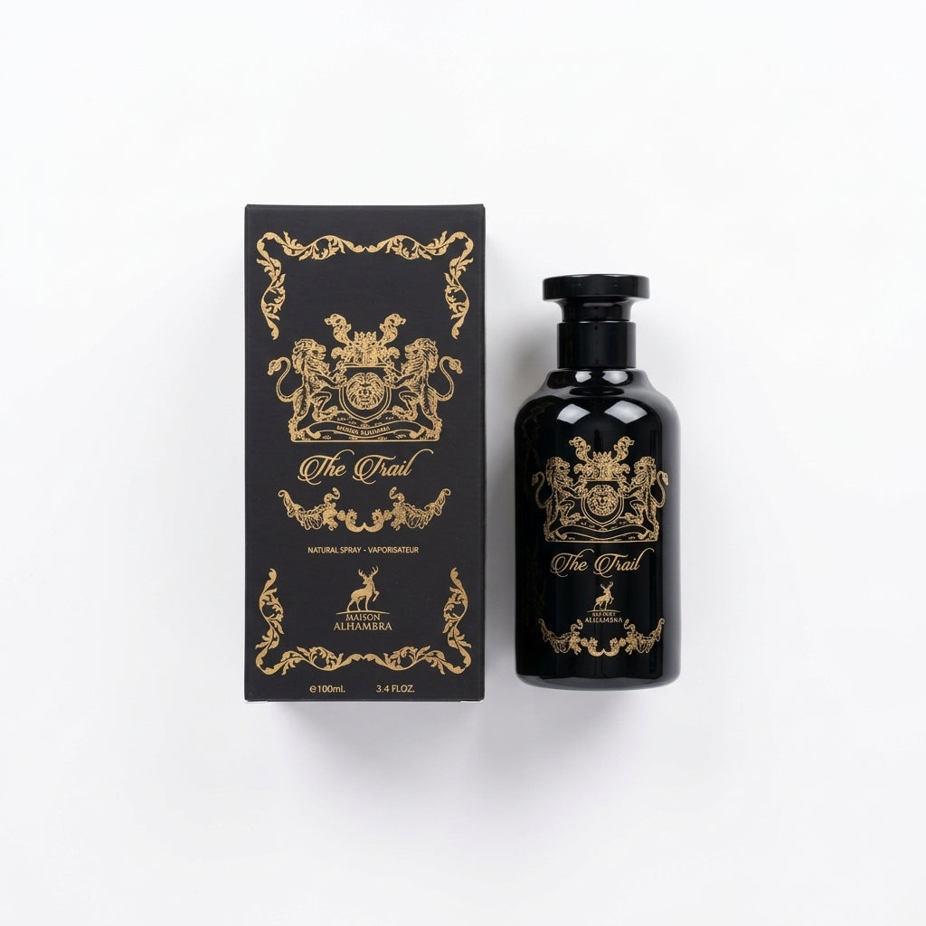 Fragrance bottle and packaging — Flat Lay - Front | Generated by Modelize