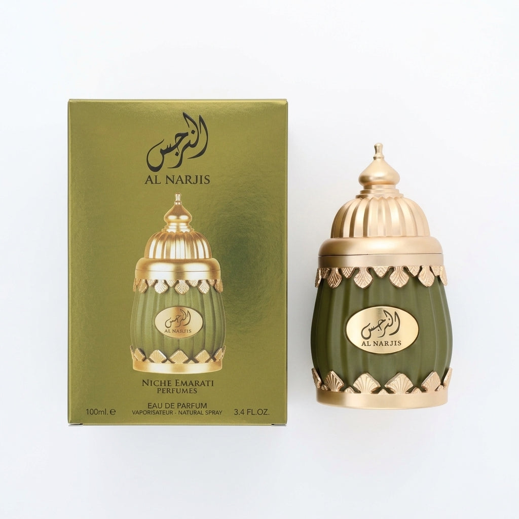 Perfume Bottle and Packaging — Flat Lay - Front | Generated by Modelize