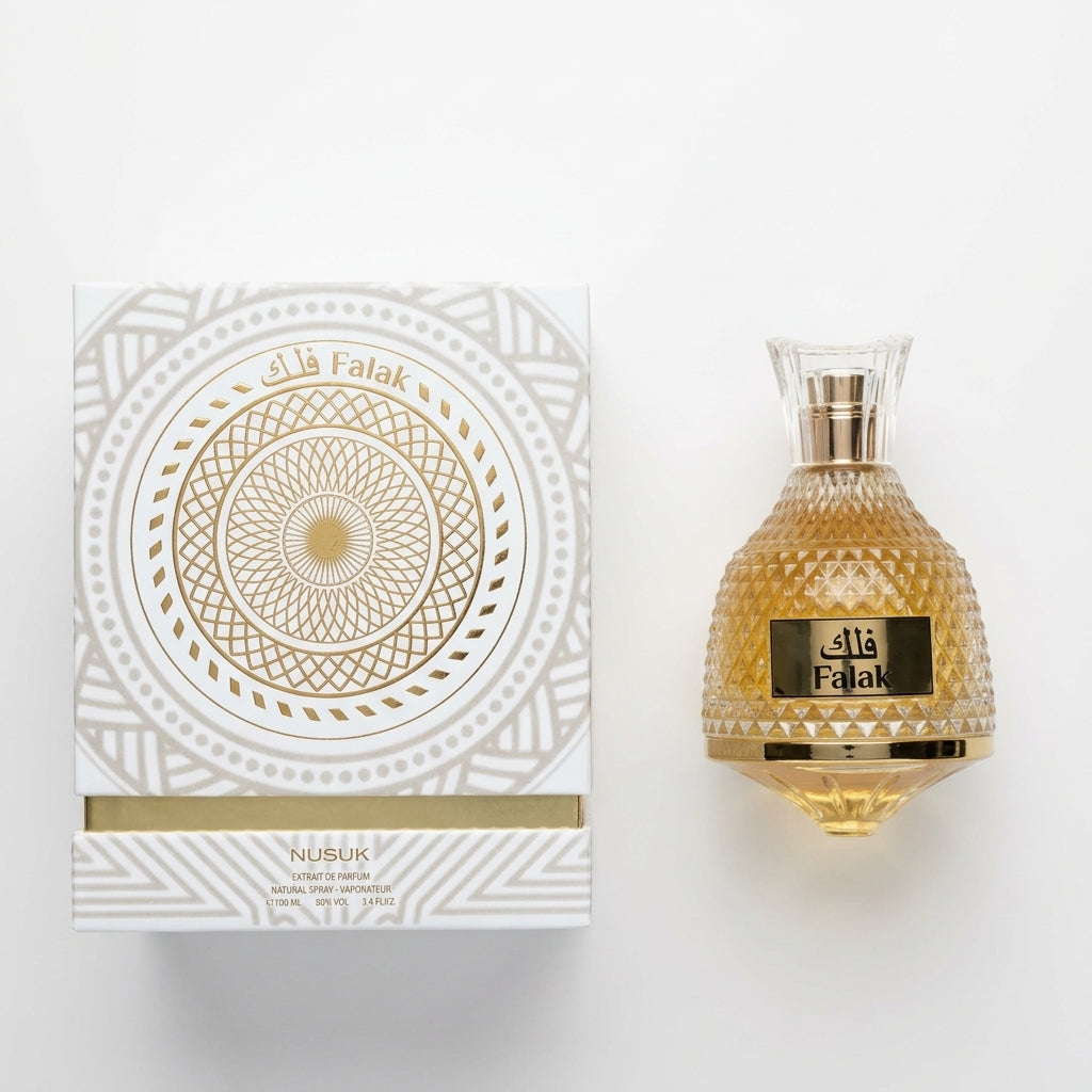 Fragrance bottle and packaging — Flat Lay - Front | Generated by Modelize