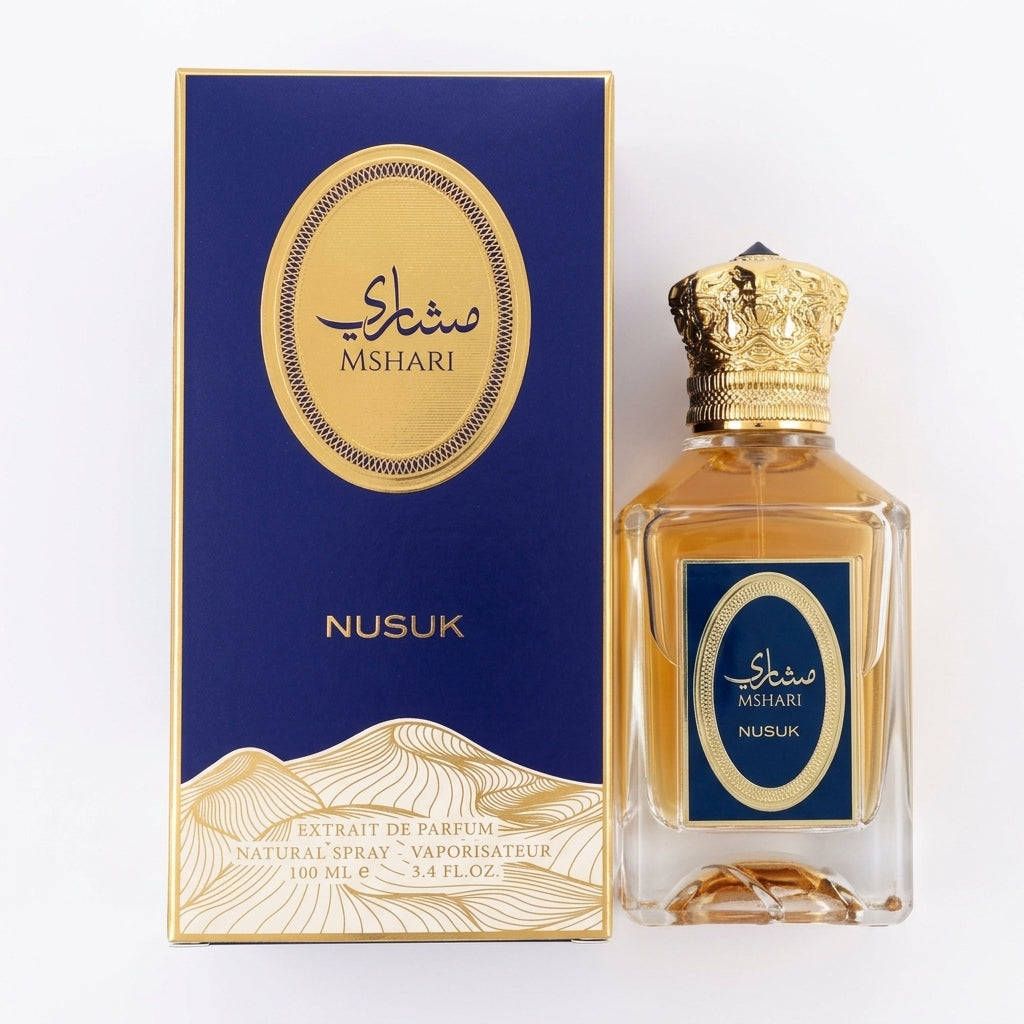 Perfume bottle and packaging — Flat Lay - Front | Generated by Modelize
