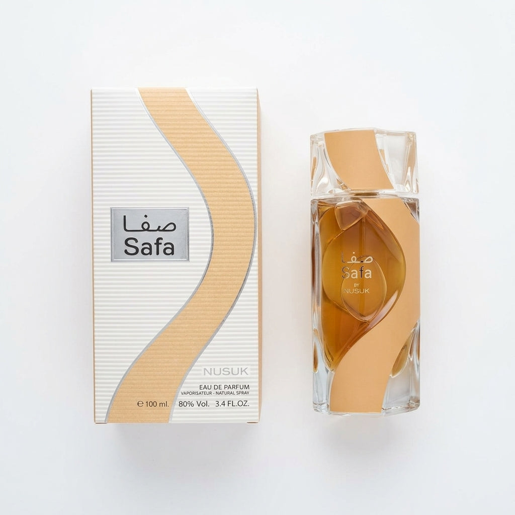 Perfume bottle and box — Flat Lay - Front | Generated by Modelize