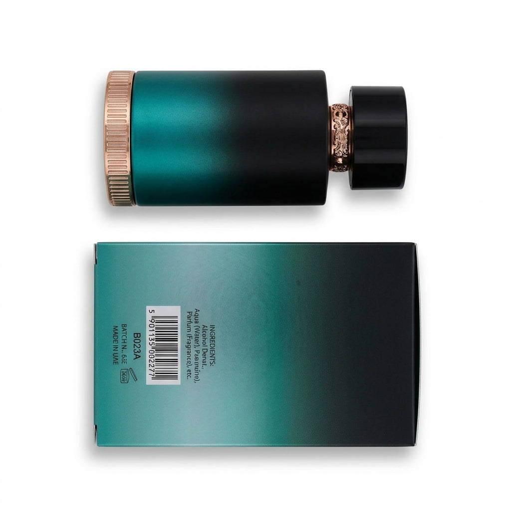 Perfume Bottle and Box — Flat Lay - Back | Generated by Modelize