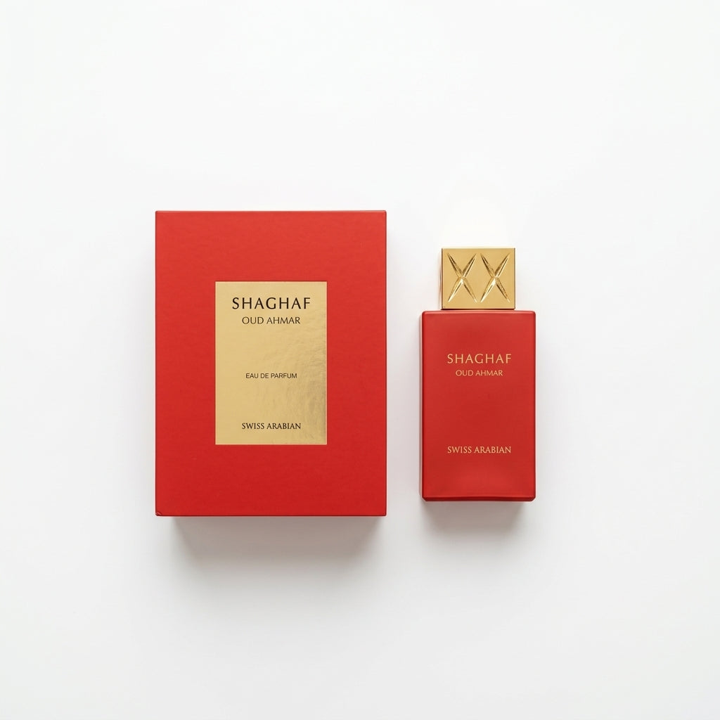 Fragrance bottle and presentation box — Flat Lay - Front | Generated by Modelize