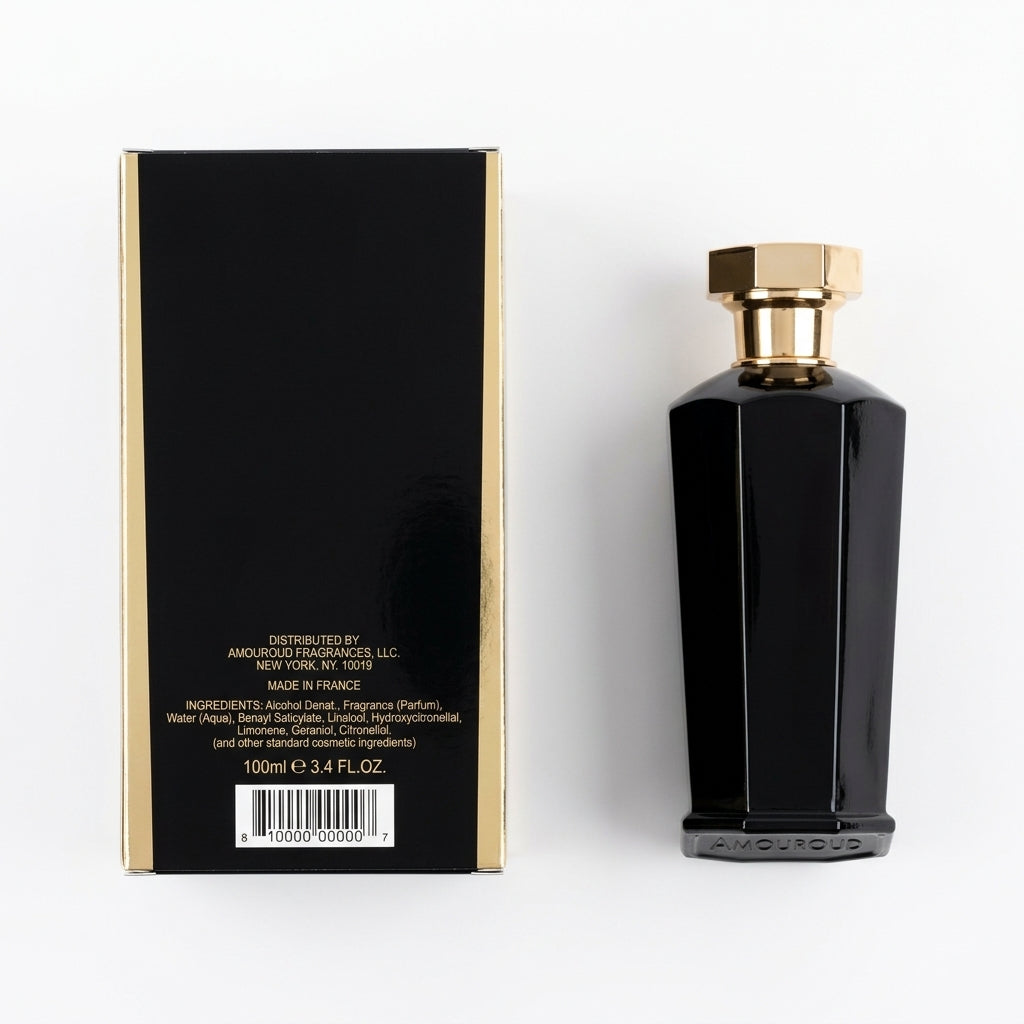 Perfume bottle and packaging — Flat Lay - Back | Generated by Modelize
