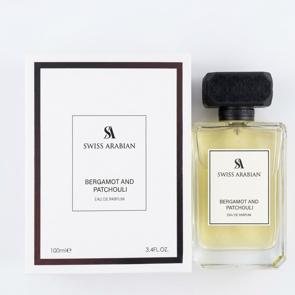 Fragrance bottle and packaging box — Flat Lay - Front | Generated by Modelize