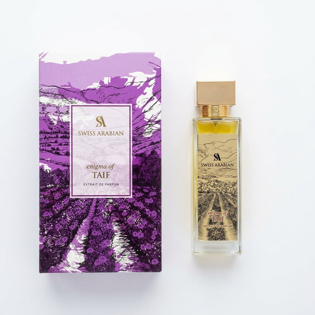 Fragrance bottle and packaging — Flat Lay - Front | Generated by Modelize