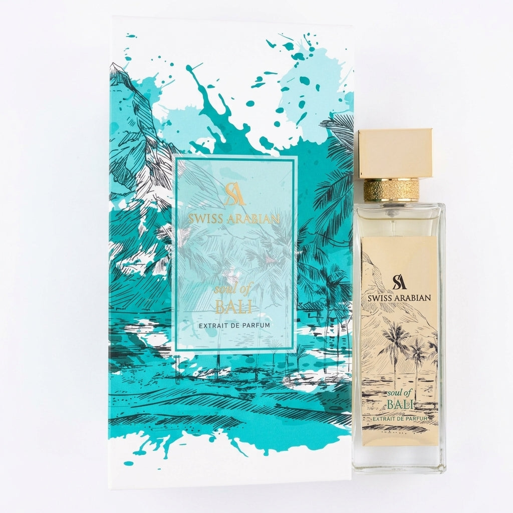 Fragrance bottle and packaging box — Flat Lay - Front | Generated by Modelize
