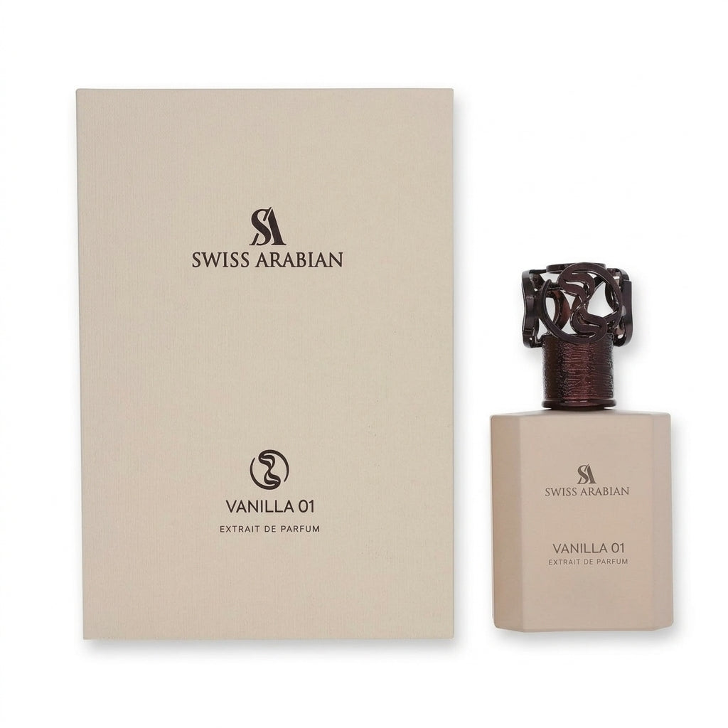 Perfume bottle and presentation box — Flat Lay - Front | Generated by Modelize