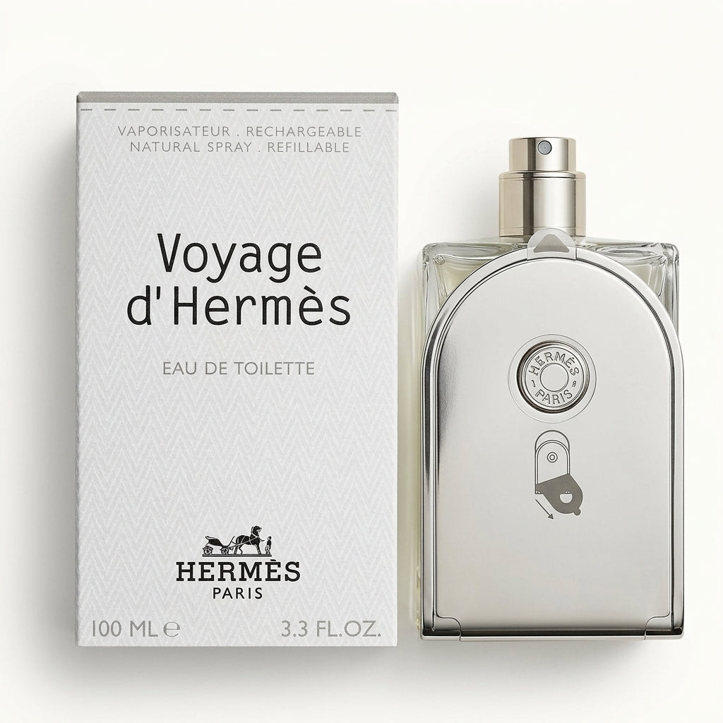 Fragrance set including refillable bottle and packaging — Flat Lay - Front | Generated by Modelize