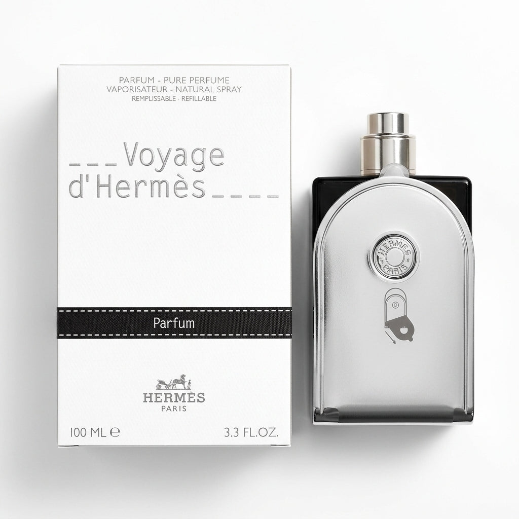 Perfume bottle and box — Flat Lay - Front | Generated by Modelize